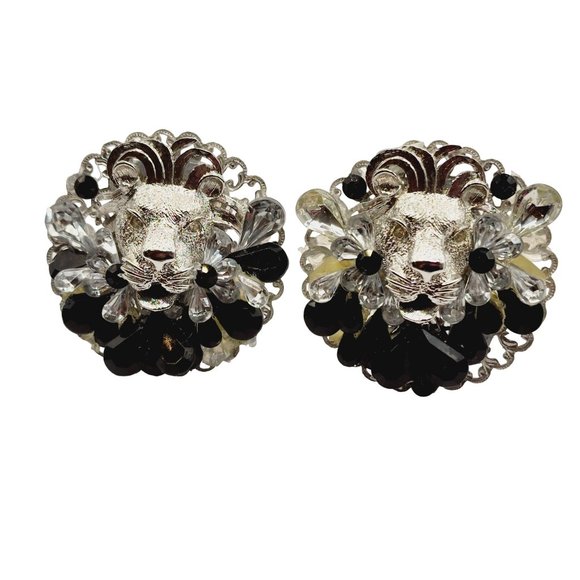 Vintage 80s Lion Embellished Clip Earrings (A572) - Picture 2 of 7